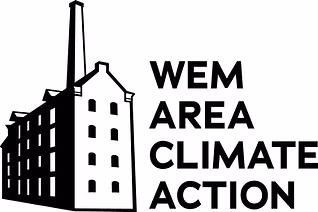 Wem area climate action logo text with black and white graphic of a mill building
